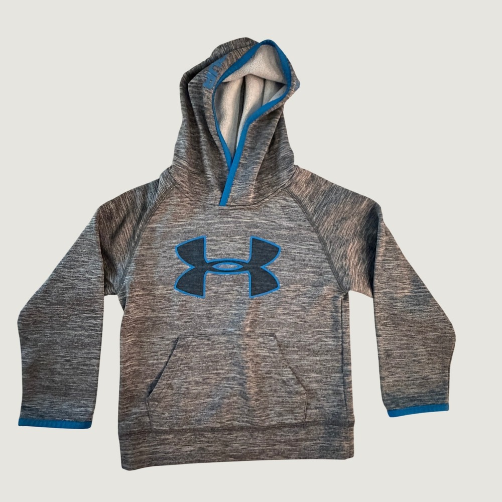 Under Armour Boys Hoodie Gray Blue Space Dye Fleece Logo Pullover Size 5